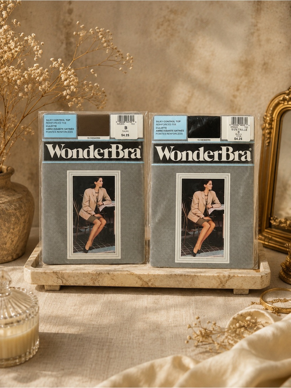 Vintage WonderBra Pantyhose Hosiery 2 Pair Bundle Made in Canada Black & Taupe